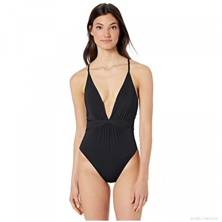 BCBGMAXAZRIA Women's Plunging V-Neckline Shirred Solid Color One Piece Swimsuit