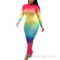 KOOBETON Women Sexy Long Sleeve Rainbow Sheer Mesh Bodycon Bikini Cover Up Dress