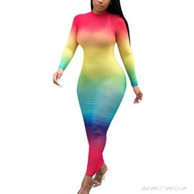 KOOBETON Women Sexy Long Sleeve Rainbow Sheer Mesh Bodycon Bikini Cover Up Dress