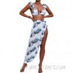 SheIn Women's Graphic Print Ruffle Tie Back Bikini 2 Pieces Swimsuit with Cover Up Skirt