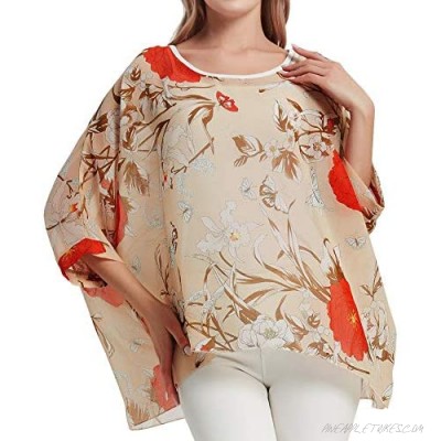 Women Semi Sheer Chiffon Tunic Top Animal Printed Kimono Sleeve Blouse Bikini Beach Cover Up Kaftan Poncho