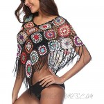 xxxiticat Women's Embroidery Print Hollow Out Bikini Blouse Cloak Poncho Cape Fringe Hem Crochet Floral Beach Cover Ups Tops