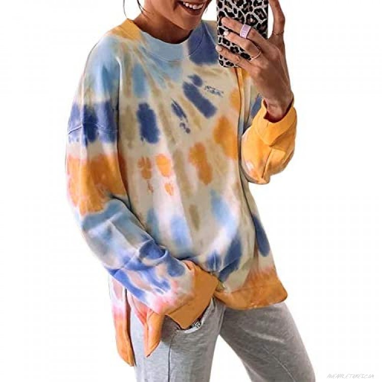 Zecilbo Women's Tie Dye & Solid Color Side Slits Sweatshirt Casual Loose Crew Neck Long Sleeve Tops