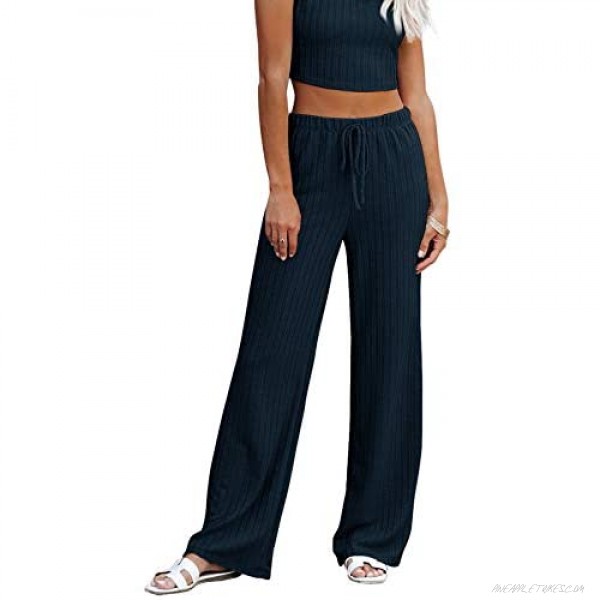 KIKIBERRY Women's Palazzo Lounge Pants Casual Cute Knit Stretchy Loose Vintage Comfy Pajamas Pants Wide Leg Trousers