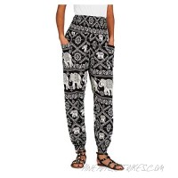 Lveberw Womens Harem Pants Hippie Elephant Boho Floral Printed Yoga Pants Smocked Waist Palazzo Pants with Pockets