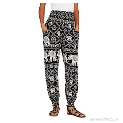 Lveberw Womens Harem Pants Hippie Elephant Boho Floral Printed Yoga Pants Smocked Waist Palazzo Pants with Pockets