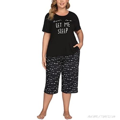 IN'VOLAND Women Pajama Set Plus Size Two Piece Pajamas Short Sleeve Capri Sleepwear Sets Cute Pjs Sets Print PJ set