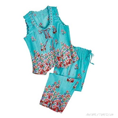 La Cera Women's Aqua Roses Pajamas - Blue PJ Sleeveless Shirt Capri Pants Set