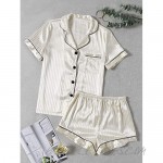 LYANER Women's Striped Silky Satin Pajamas Short Sleeve Top with Shorts Sleepwear PJ Set