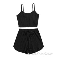 ROMWE Women's 2 Piece Pajama Set Crop Cami Tops and Shorts Lounge Set Outfit