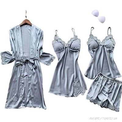 SAPJON Women's 4pcs Silk Satin Pajama Set Sexy Cami Top Nightgown Lace Sleepwear Robe Sets Nightdress with Chest Pads