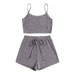 SheIn Women's 2 Pieces Sleeveless V Neck Crop Top Frill Trim Shorts Pajama Sets