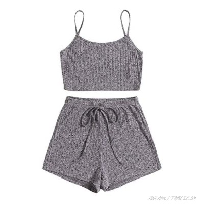 SheIn Women's 2 Pieces Sleeveless V Neck Crop Top Frill Trim Shorts Pajama Sets