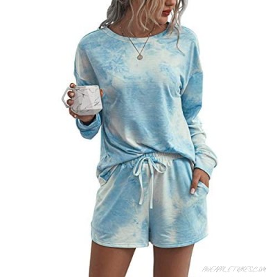 Womens Tie Dye Printed Pajamas Set Long Sleeve Shirt with Elastic Shorts Casual Wear Sleepwear Nightwear