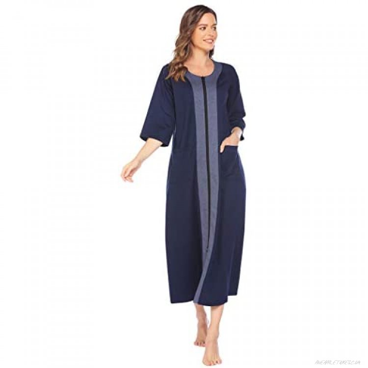 ADOME Women Zip Front Nightgown Robe Half Sleeve Full Length Duster Housecoat Loungewear with Pockets S-XXL