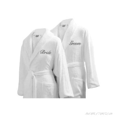 Bride & Groom Terry Cloth Bathrobe Set -100% Egyptian Cotton-Unisex/One Size Fits Most-Luxurious Soft Plush Elegant Script Embroidery- Luxor Linens (One Size with Gift Packaging Custom Monogram)
