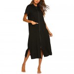 Ekouaer Women Zipper Robe Short Sleeve House Dress Full Length Sleepwear Duster Housecoat with Pockets S-XXL