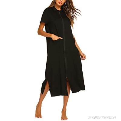 Ekouaer Women Zipper Robe Short Sleeve House Dress Full Length Sleepwear Duster Housecoat with Pockets S-XXL