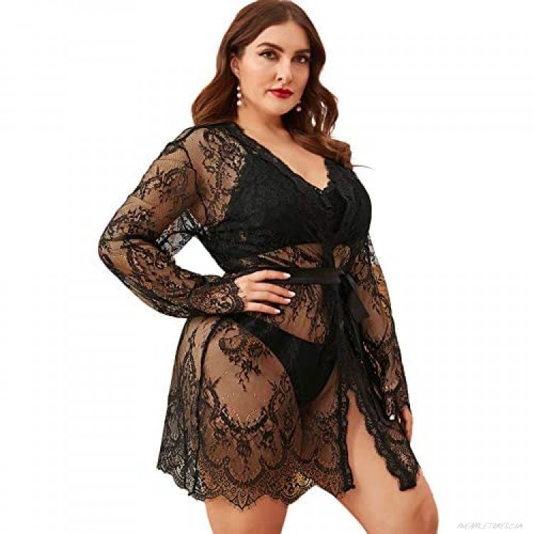 Floerns Women's Plus Size Sexy Lace Sheer Sleepwear Robe with Belted