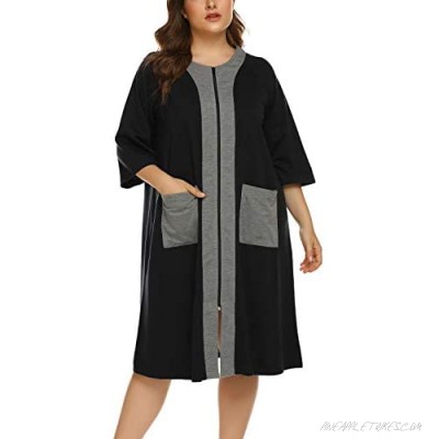 IN'VOLAND Womens Plus Size Zipper Robe Half Sleeve Loungewear Full Length Nightgown Duster Housecoat with Pockets (16W-24W)