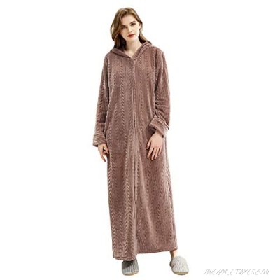 Long Hooded Zipper Bathrobe for Womens Flannel Fleece Robes Winter Warm Housecoat Nightgown Sleepwear Pajamas
