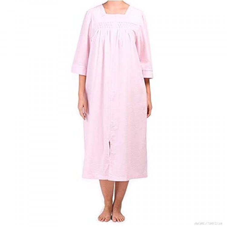 Miss Elaine Smocked Seersucker Zip Long Robe in Pink