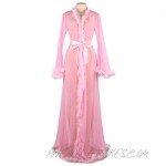 Valennia Women's See Through Lingerie Robe Bridal Wedding Scarf Long Sheer Kimono Night Gown with Fur Trim