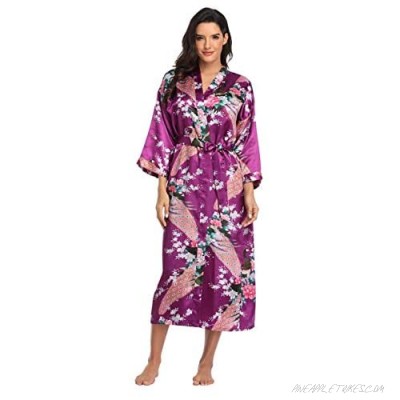 Women's Floral Long Silk Kimono Robes Satin Dressing Gown Peacock Blossoms