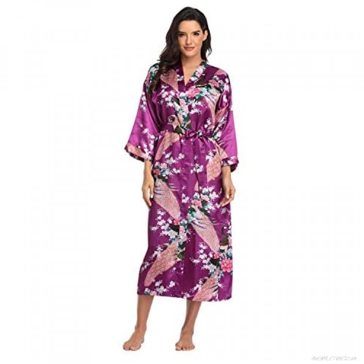 Women's Floral Long Silk Kimono Robes Satin Dressing Gown Peacock Blossoms