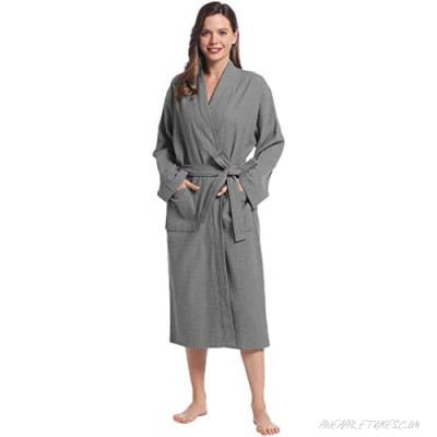 Womens Long Waffle Robe Cotton Spa Robe Kimono Bathrobe with Pockets