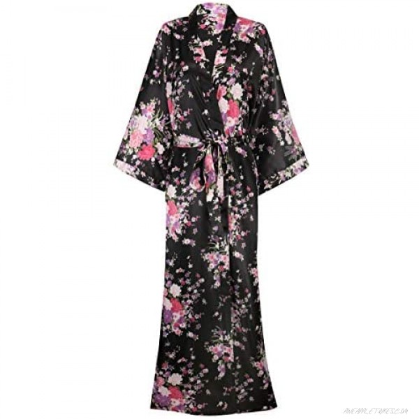 Women's Silk Kimono Robe Long Robes with Blossoms Printed Bridesmaid Wedding Nightgown