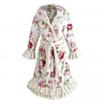 Womens Victorian Roses Plush Bath Robe - White With Ruffles - Large/Xl