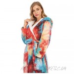 Women's Warm Fleece Hooded Bathrobe Soft Tie Dye Plush Long Robes with Pockets Thick Kimono Sleepwear Housecoat