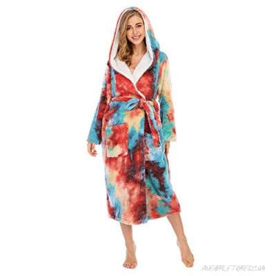 Women's Warm Fleece Hooded Bathrobe Soft Tie Dye Plush Long Robes with Pockets Thick Kimono Sleepwear Housecoat