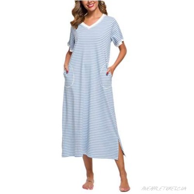 AVIIER Women Long Nightgowns Soft Lounge House Dress Short Sleeve Sleep Shirt Pockets