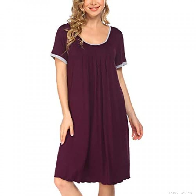 Coshow Womens Nightgowns Soft Sleep Shirt Short Sleeve Sleepwear Comfy Night Shirt Pleated Scoop Neck Sleep Dress S-XXXL