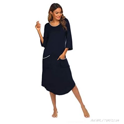 Ekouaer Long Nightgown Women's Loungewear 3/4 Sleeve Sleepwear Midi Length Sleep Shirt with Pockets S-XXL