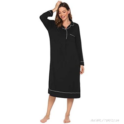 Ekouaer Long Nightgowns for Women Long Sleeve Nightgown Women Notch Collar Pajama Dress Loose Fit S-XXL