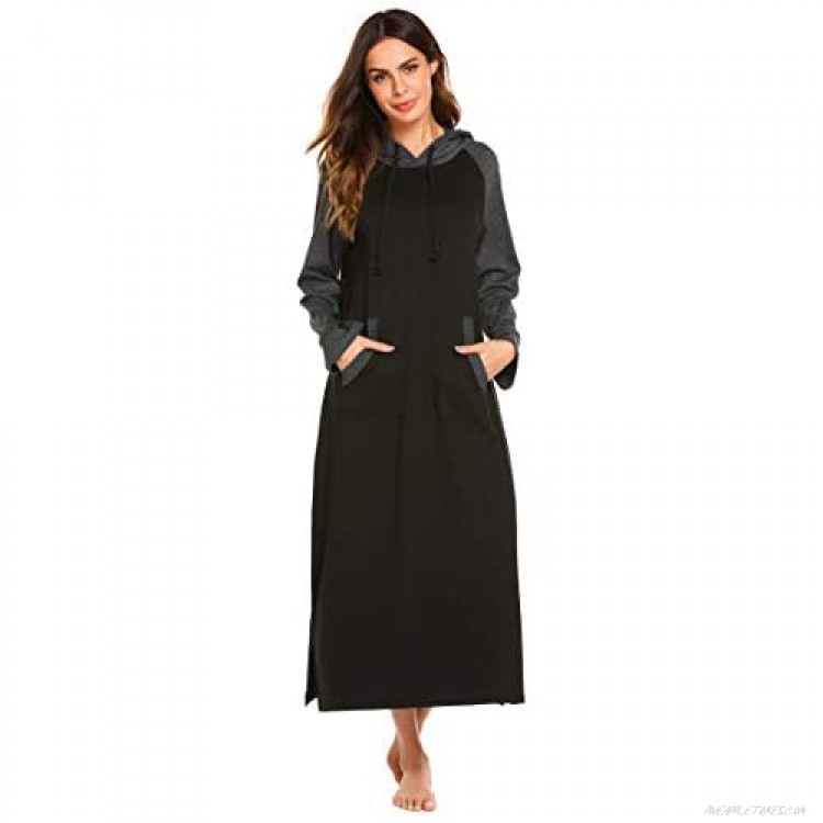 Ekouaer Sleepwear Women Long/Short Sleeve Hooded Nightgown Contrast Color Full Length Loungewear with Pocket