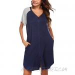 Ekouaer Women's Nightgown Short Sleeves Nightshirt V-Neck Sleepwear Button Down Pajama Dress