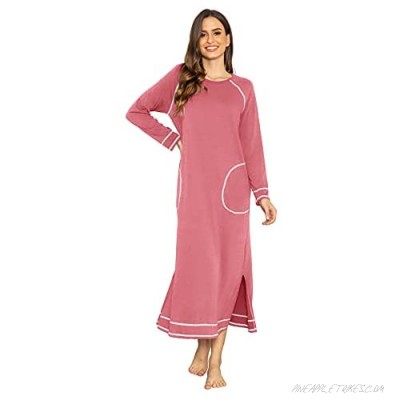 Ekouaer Women's Nightshirt Long Sleeve Nightgown Round Neck Sleepwear Full Length Pajama Dress with Pockets Loungewear S-XXL