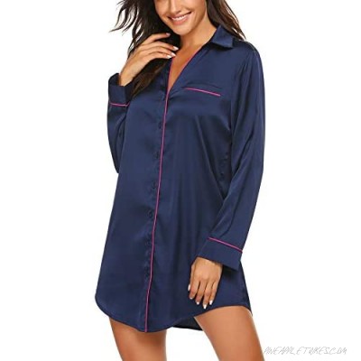 Ekouaer Women's Satin Nightgowns Silk Sleepshirt Button Down Sleep Dress Long Sleeve & 3/4 Sleeve Sleepwear S-XXL