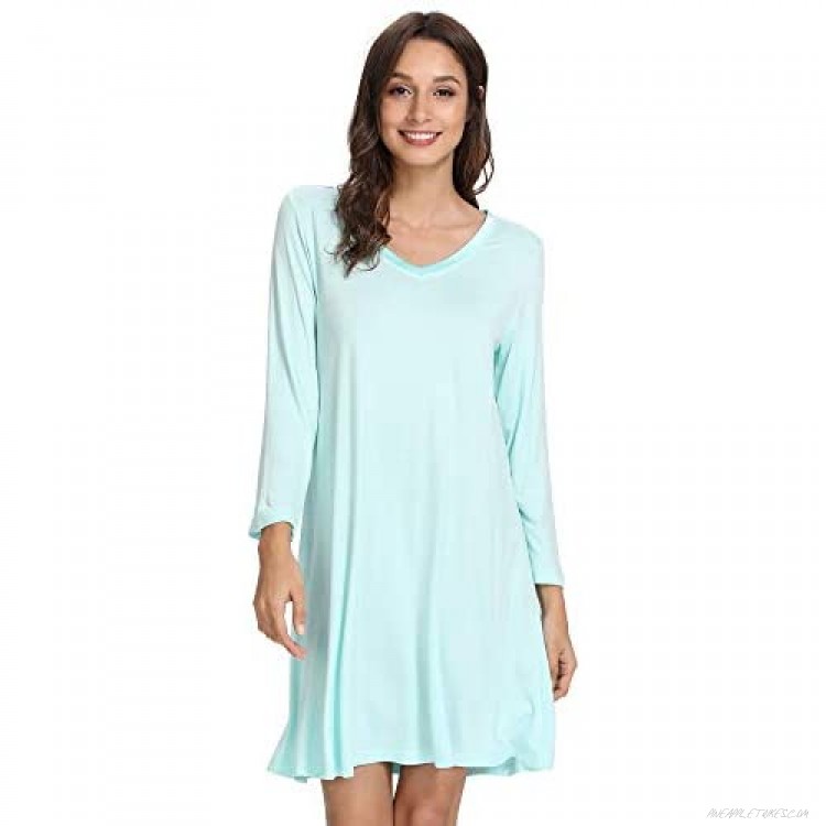GYS Women's V Neck Sleeved Nightshirt Soft Bamboo Nightgown