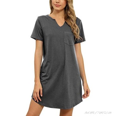 KIKIBERRY Women's Nightshirt Short Sleeve Henley V Neck Nightgown Sleepwear Pajamas Midi Dress