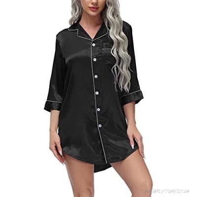 LOLLO VITA Women's Satin Nightgowns Button Down Sleepshirt 3/4 Sleeve Sexy Nightshirt