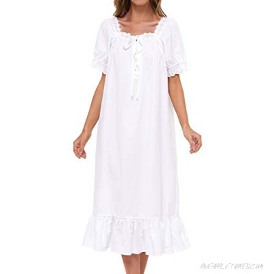 Lu's Chic Women's Victorian Nightgown Cotton Sleepwear Long Loungewear Short Sleeve Soft