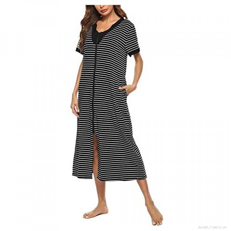 MiiKARE Brumoco Women Zipper Front Robe Short Sleeve/Half Sleeve Stripe Nightgown Long Housecoat with Pockets S-XXL