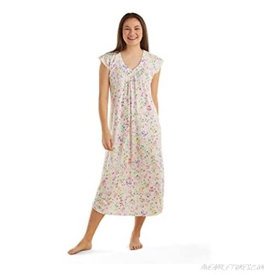 Miss Elaine Nightgown - Women's Long Sofiknit Nightgown V- Neckline with Bow and Short Flutter Sleeves Trimmed in Lace