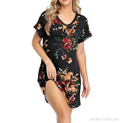 VIISHOW Nightgowns for Womens Sexy Sleep Shirt Dress V Neck Batwing Short Sleeve Lace Trim Soft Short Night Dresses