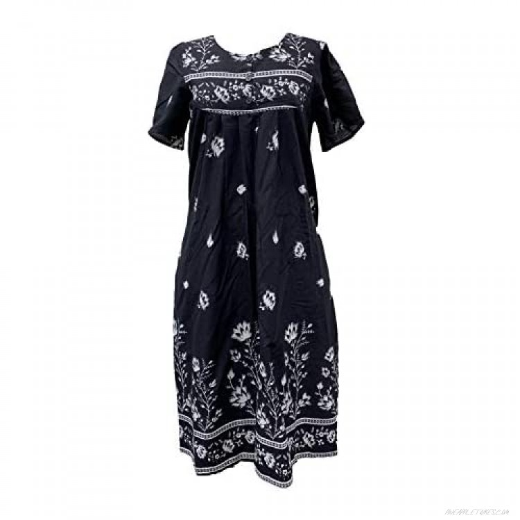 Women's Short Sleeve Black Lounger House Dress - 3 Button Bib Yoke and Pockets